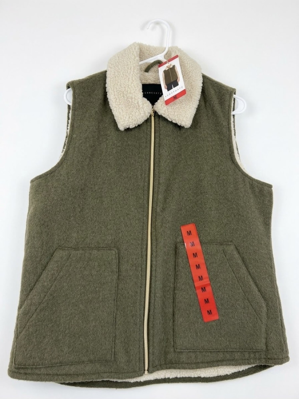 Sanctuary Olive Green Sherpa-Trim Zip Vest